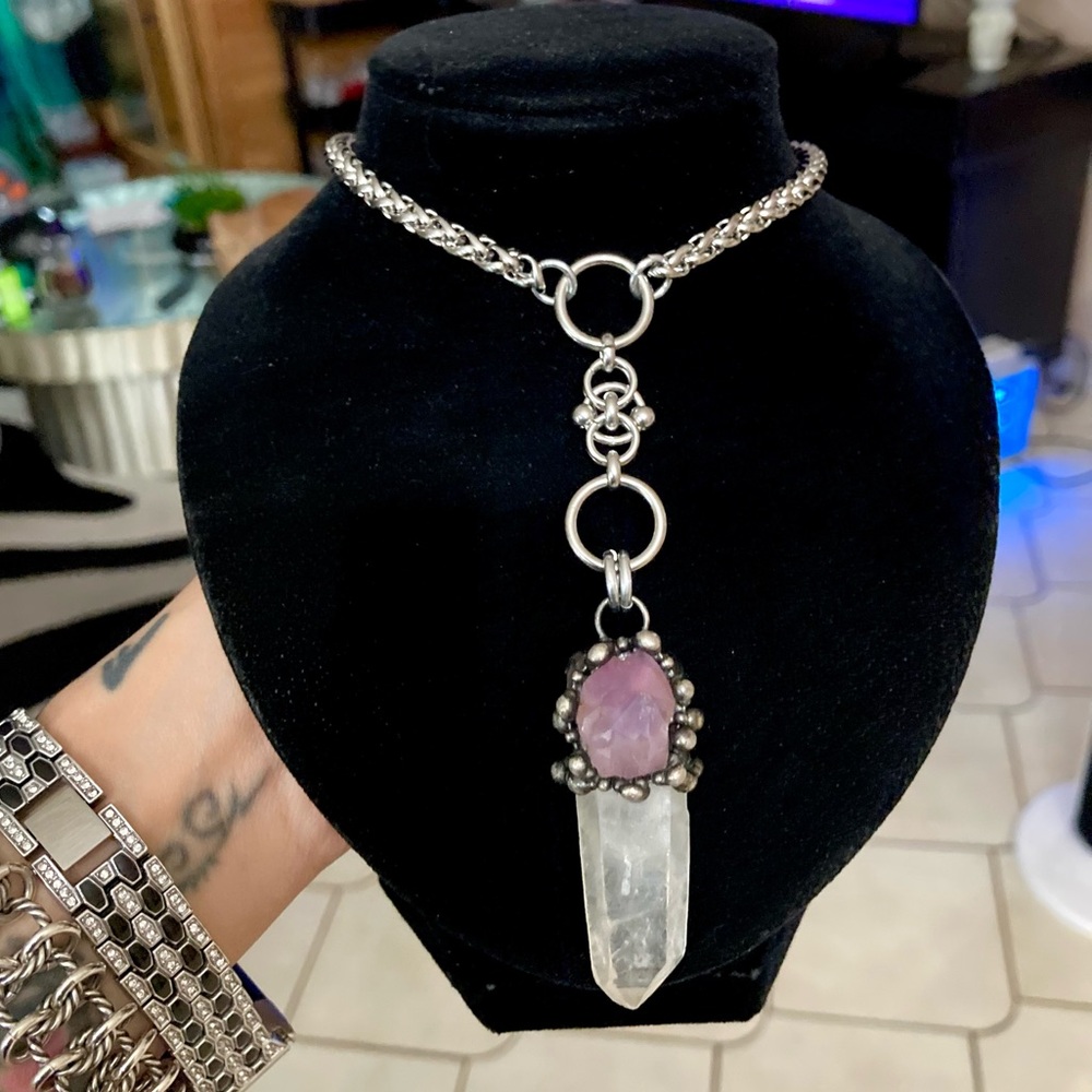 crystal quartz & amethyst gem stainless steel maille celtic lariat Y necklace. - Picture 12 of 15